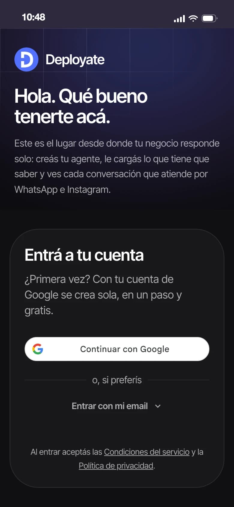 Pantalla de entrada de Deployate con el botón Continuar con Google