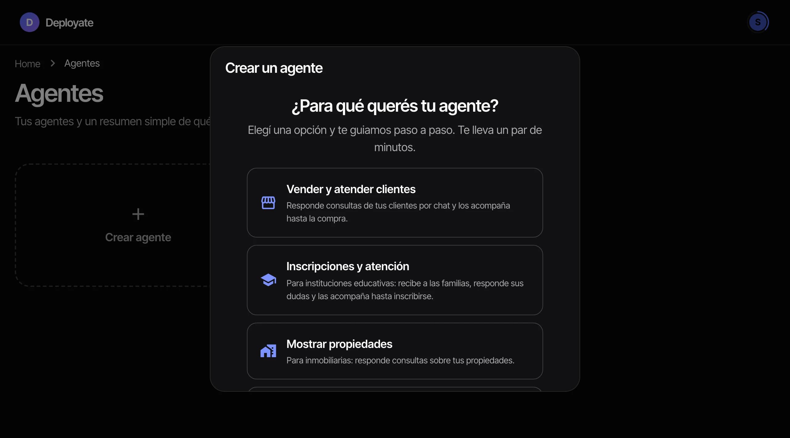 Pantalla de creación de un agente en Deployate: elegir para qué querés el agente
