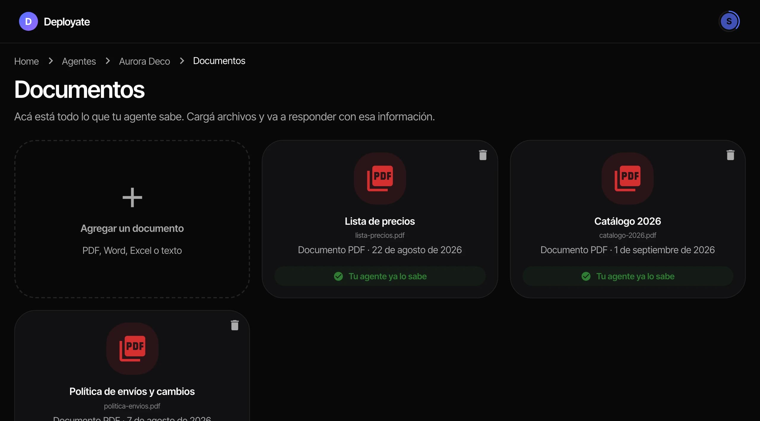 Pantalla de documentos de un agente en Deployate, con la lista de precios y el catálogo cargados