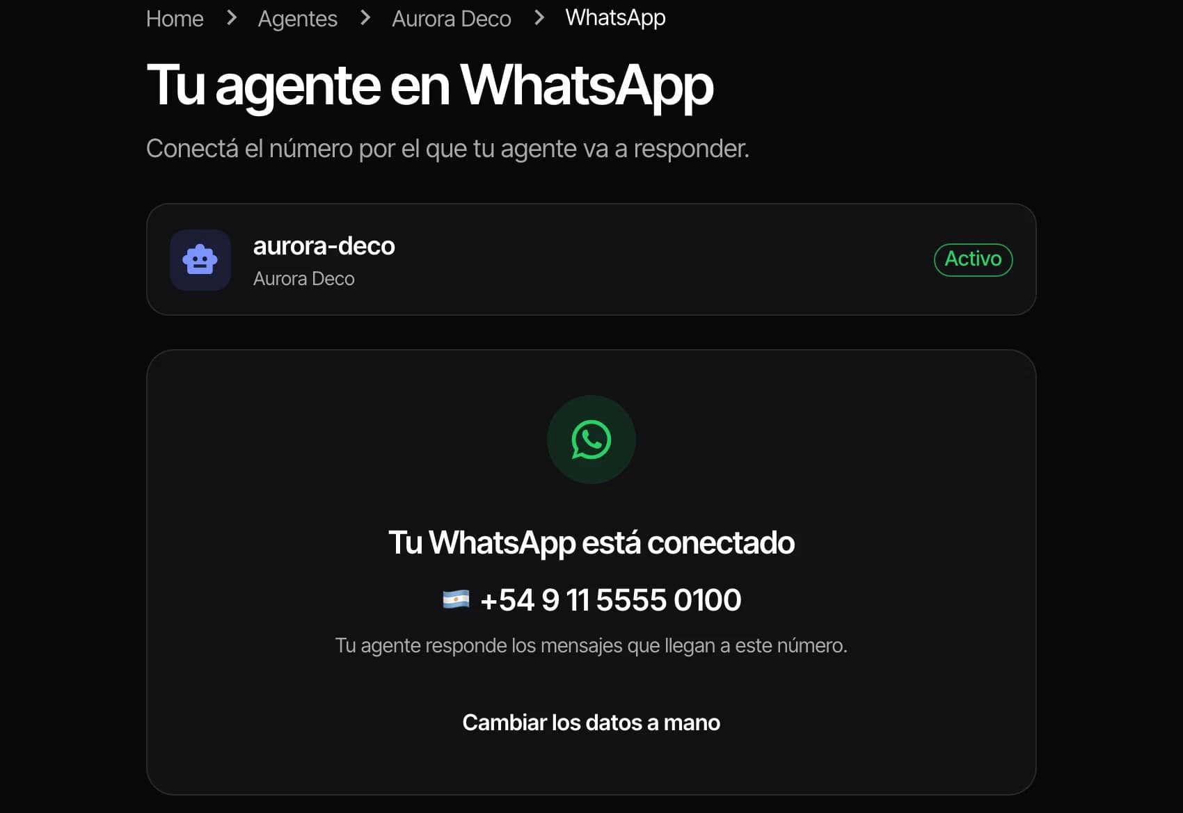 Pantalla de WhatsApp de un agente en Deployate, con el número conectado y activo