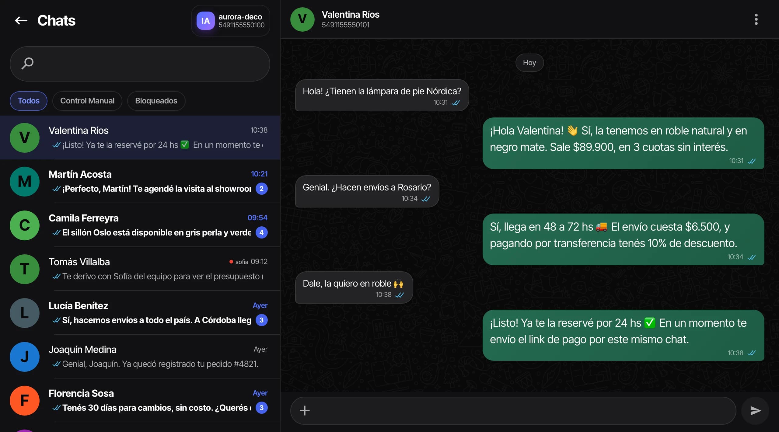Panel de Deployate con las conversaciones que el agente atiende por WhatsApp